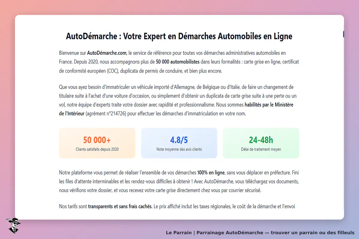 AutoDémarche : page d'accueil présentant le service de démarches automobiles en ligne