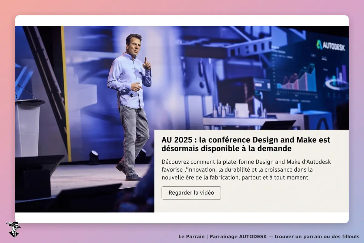 AUTODESK : un intervenant présente la conférence Design and Make sur scène avec un écran en
