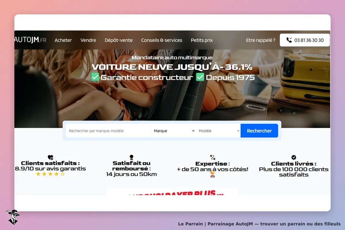 AutoJM : page d'accueil avec formulaire de recherche et informations sur les services proposés