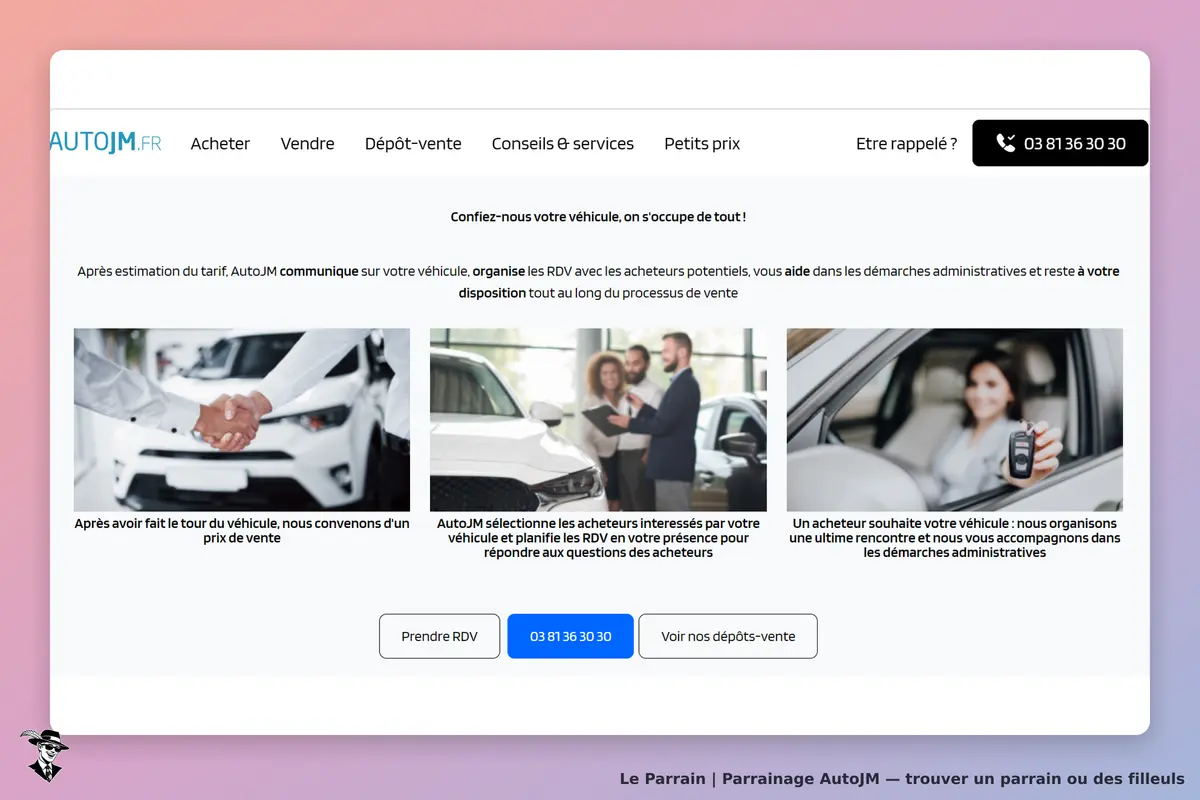 AutoJM : page d'accueil avec images de véhicules et services de vente, bouton pour prendre