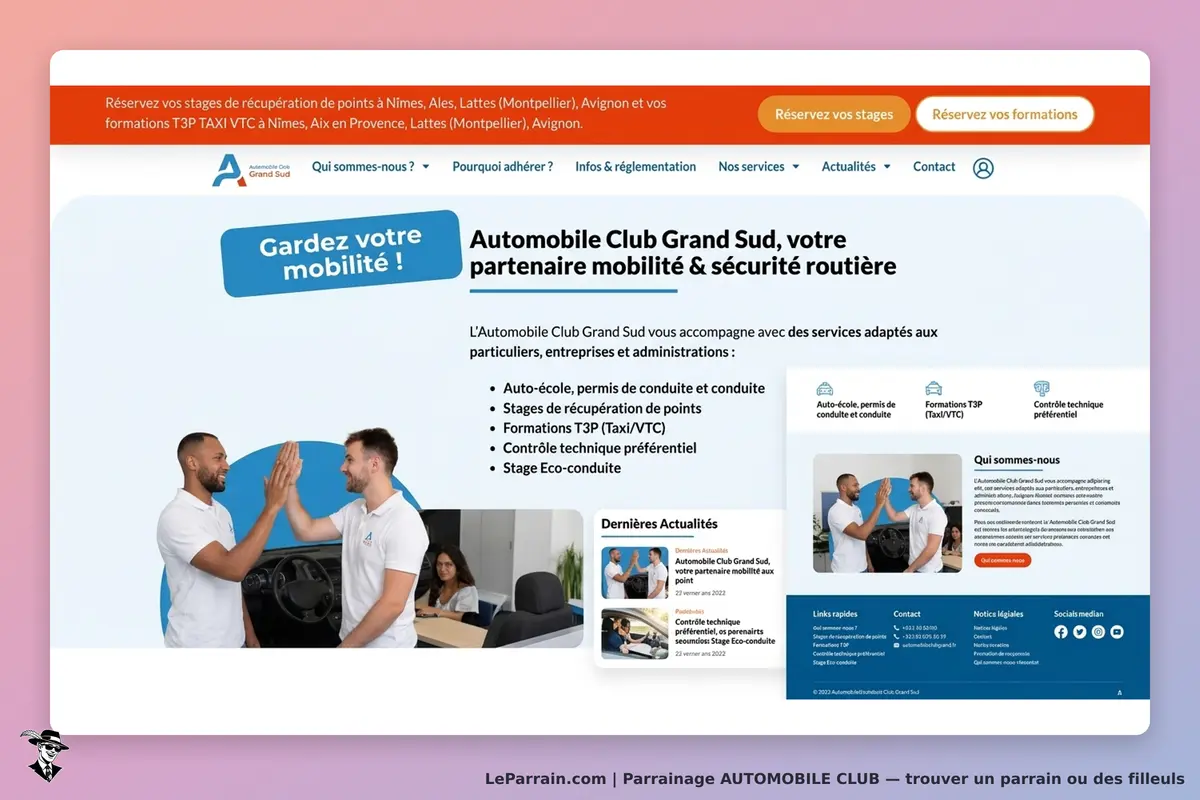 AUTOMOBILE CLUB : page d'accueil avec services de mobilité et sécurité routière affichés