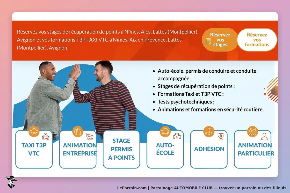 AUTOMOBILE CLUB : deux hommes se saluent, avec des options de formations et stages affichées