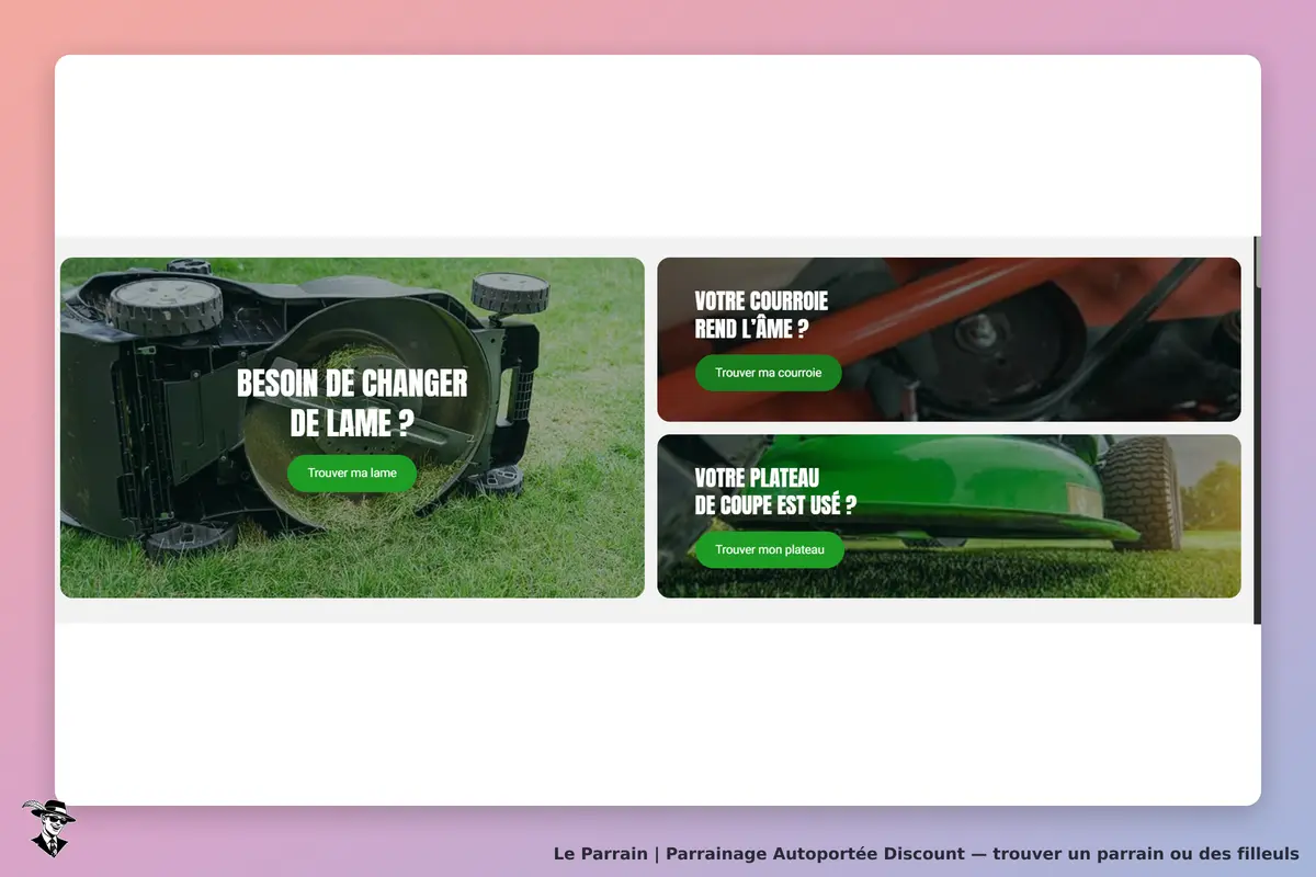 Autoportée Discount : page d'accueil avec questions sur l'entretien de tondeuses et boutons