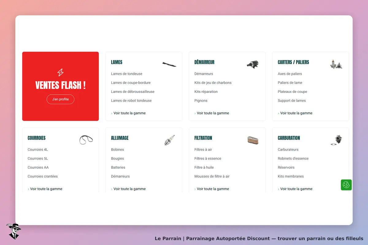 Autoportée Discount : page d'accueil avec catégories de produits et section "Ventes Flash"
