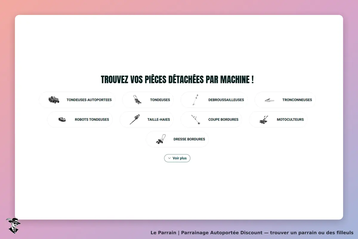 Autoportée Discount : liste de catégories de pièces détachées pour différents types de machines