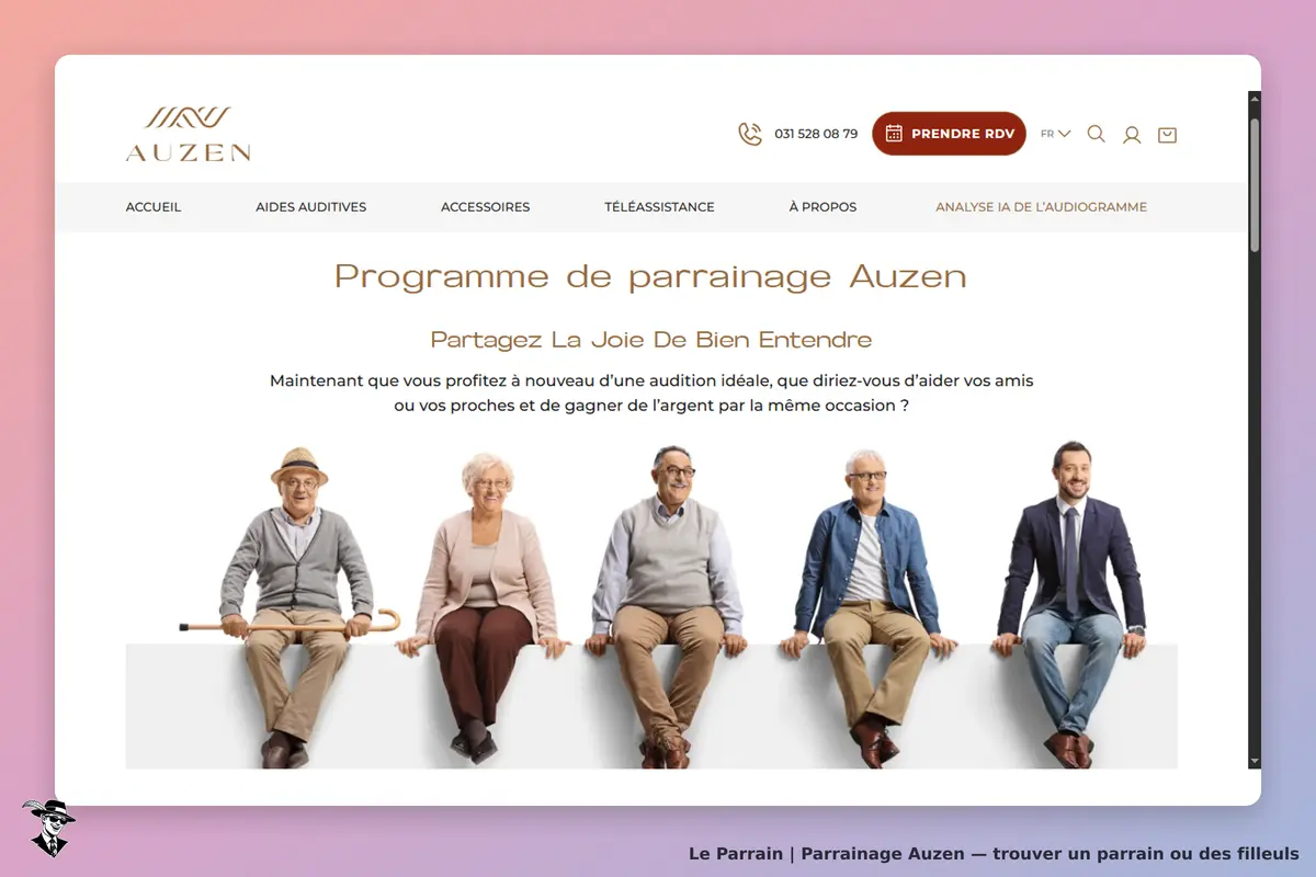 Auzen : page d'accueil présentant le programme de parrainage avec plusieurs personnes assises