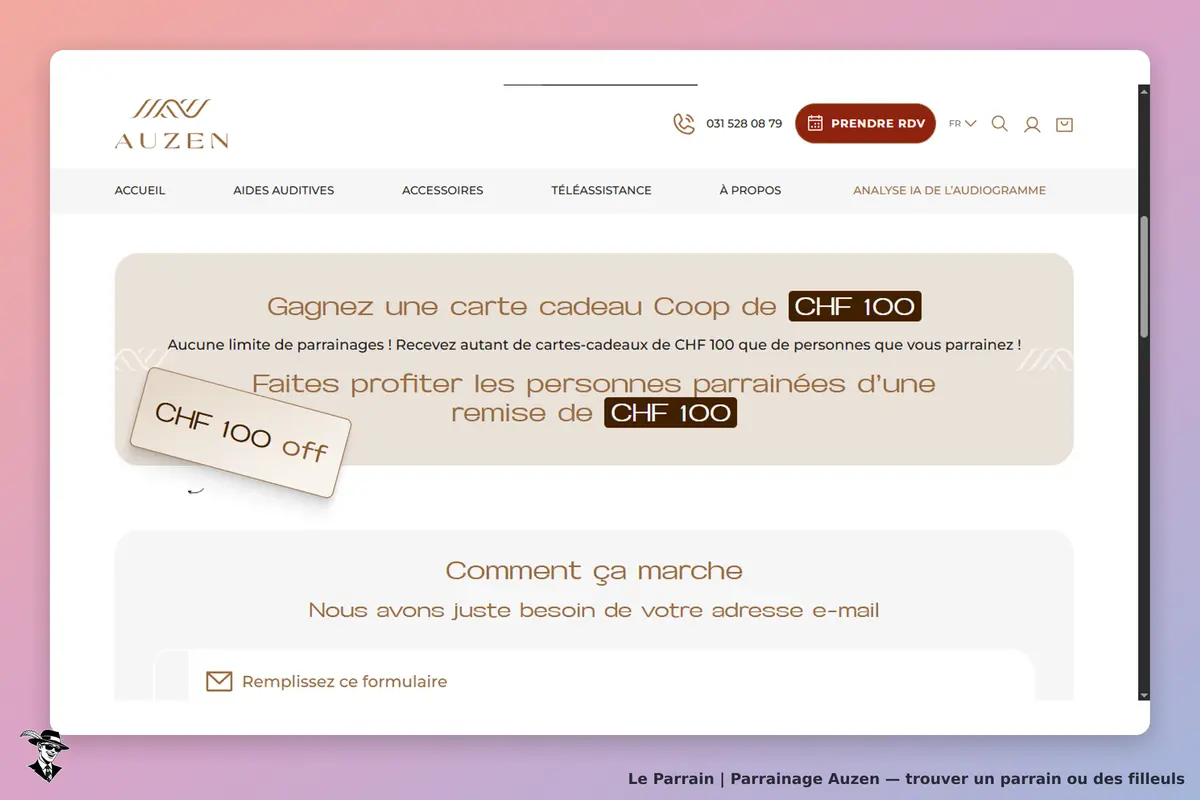 Auzen : page d'accueil présentant un programme de parrainage et un formulaire à remplir