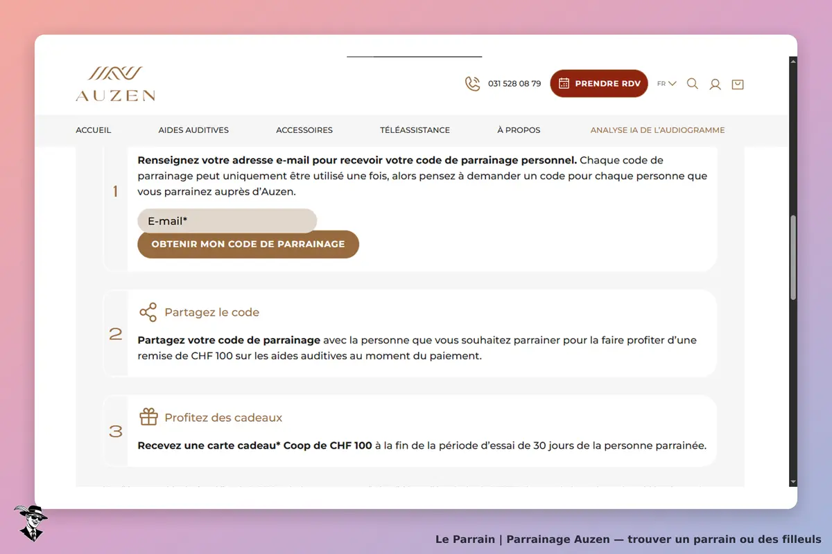Auzen : formulaire pour obtenir un code de parrainage et instructions pour partager ce code