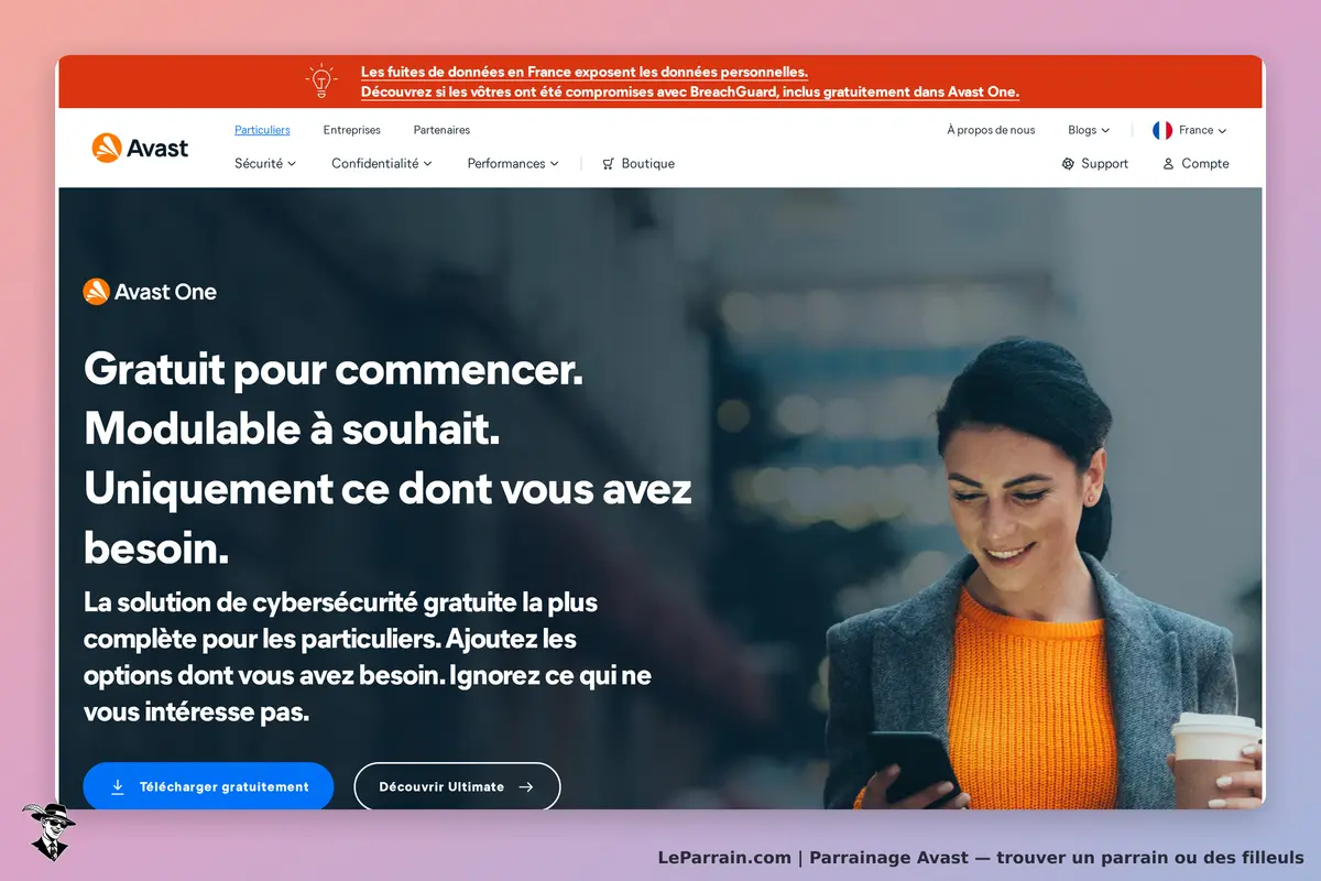 Avast : page d'accueil présentant Avast One avec une femme utilisant son smartphone