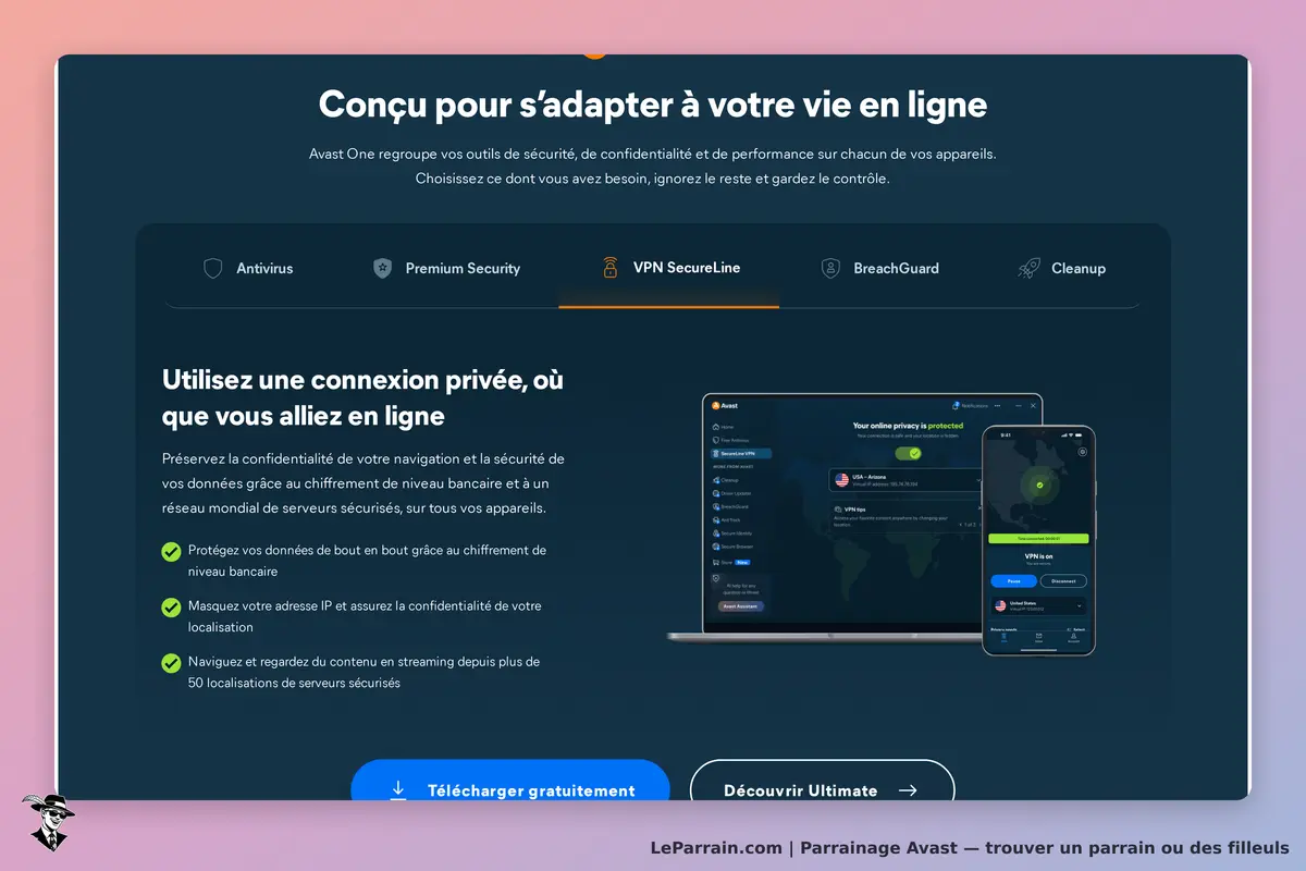 Avast : page d'accueil présentant le VPN SecureLine et ses fonctionnalités de sécurité en ligne