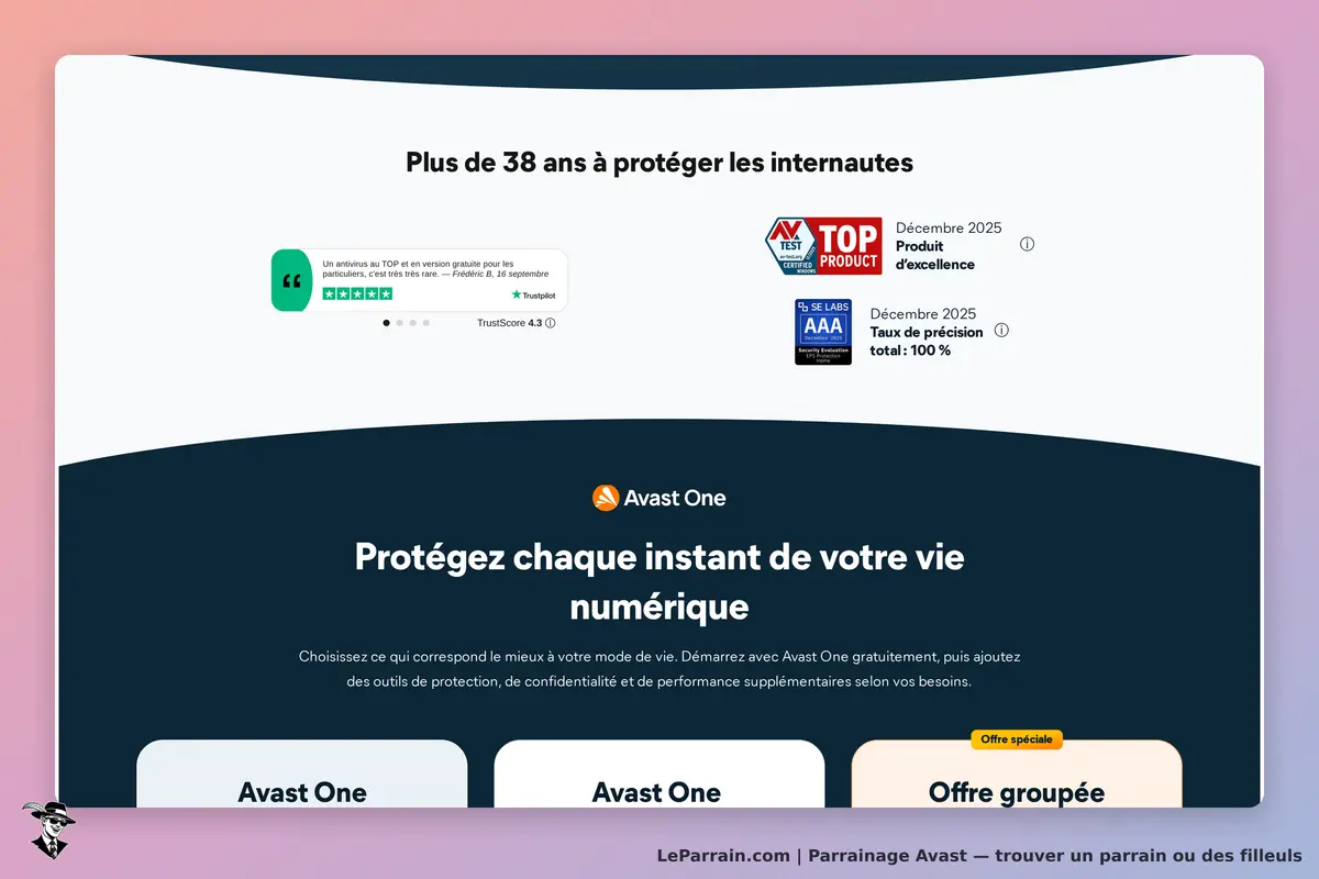 Avast : page d'accueil avec avis utilisateur et options de protection numérique proposées