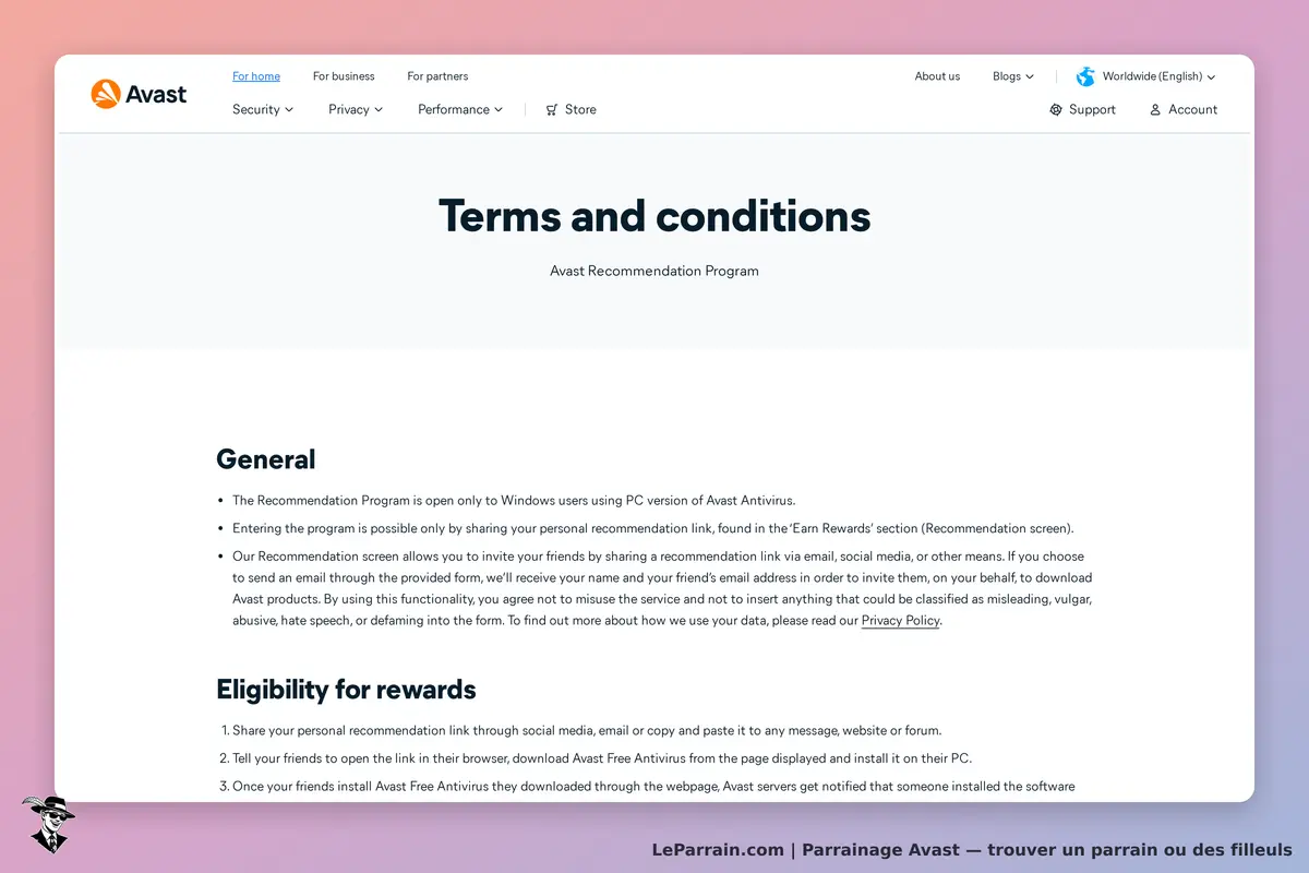 Avast : conditions générales du programme de recommandation sur fond clair et texte explicatif
