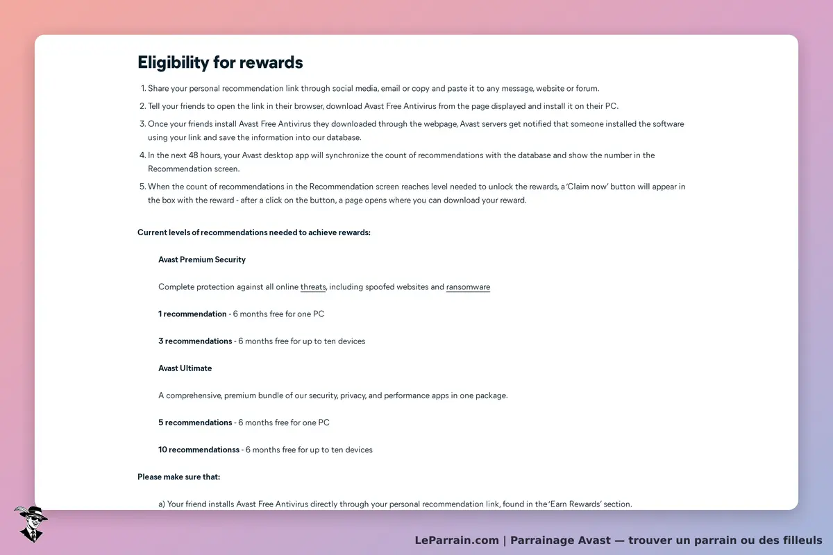 Avast : informations sur l'éligibilité aux récompenses et niveaux de recommandations nécessaires
