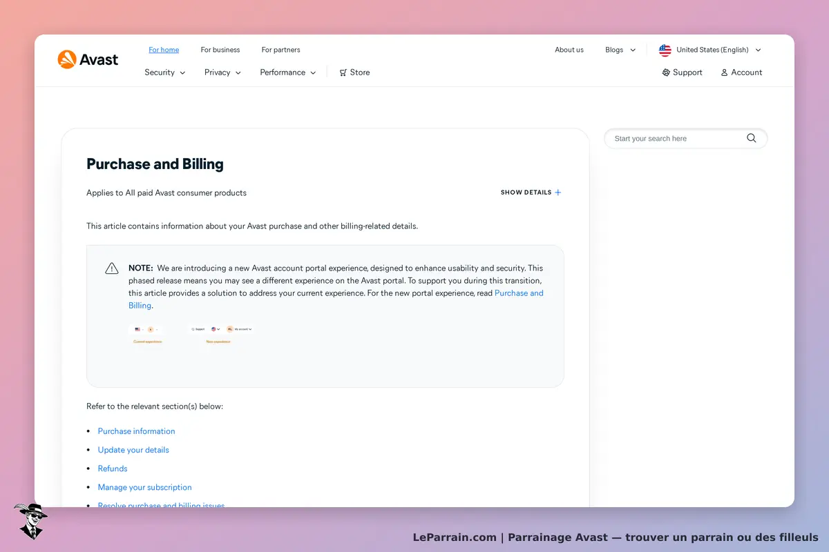 Avast : page d'information sur les achats et la facturation des produits Avast