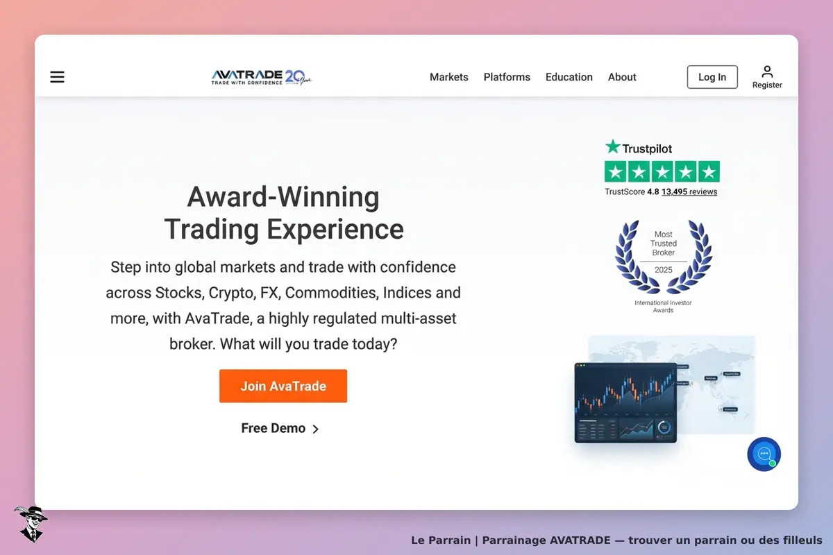 AVATRADE : page d'accueil présentant une expérience de trading avec options d'inscription