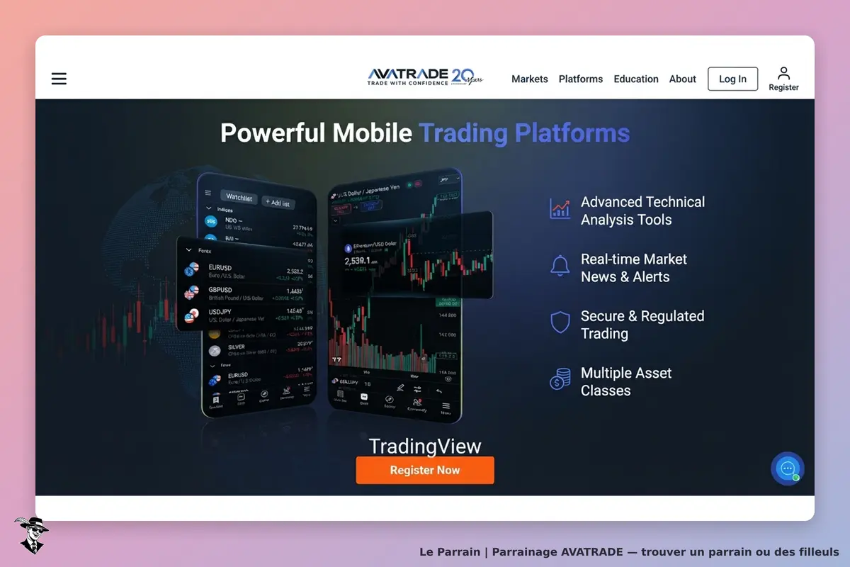 AVATRADE : plateforme de trading mobile avec graphiques et outils d'analyse technique