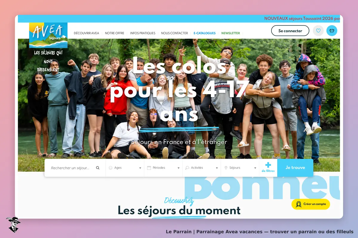 Avea vacances : avea : page d'accueil avec des jeunes en groupe et un formulaire de recherche de