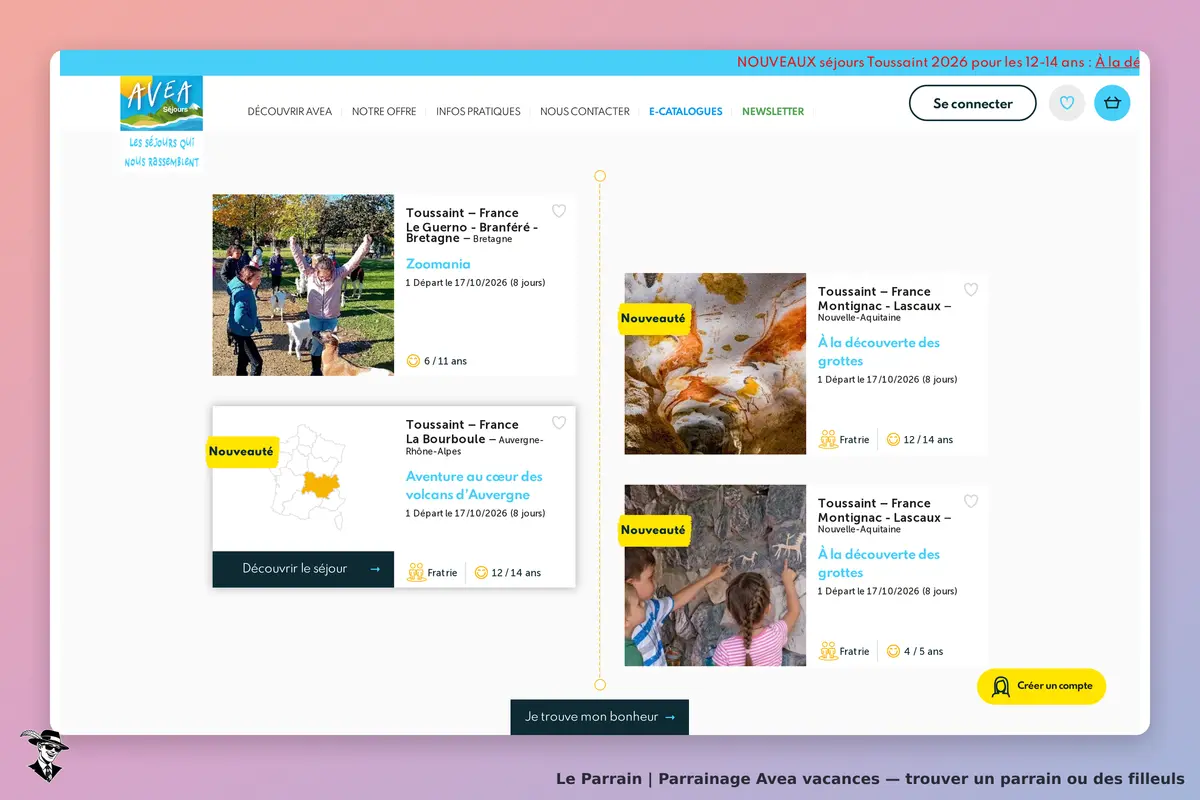 Avea vacances : avea : page d'accueil présentant des séjours pour enfants avec images et