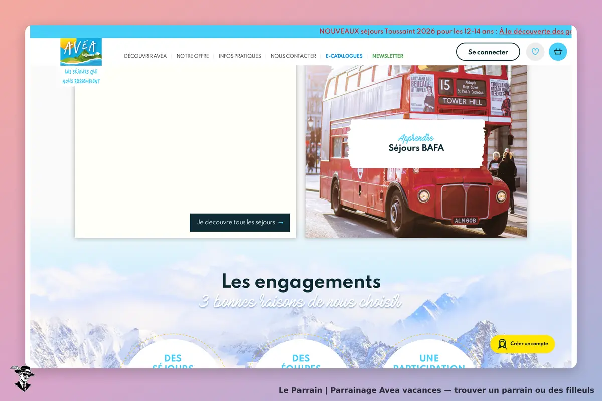 Avea vacances : avea : page d'accueil avec un bus rouge et des informations sur les séjours BAFA