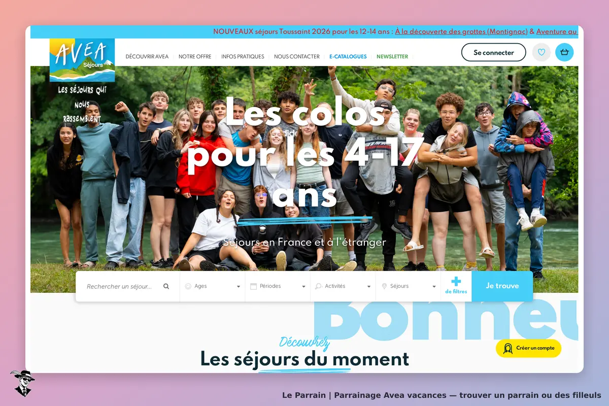 Avea vacances : avea : page d'accueil avec un groupe d'enfants et adolescents en extérieur, logo et