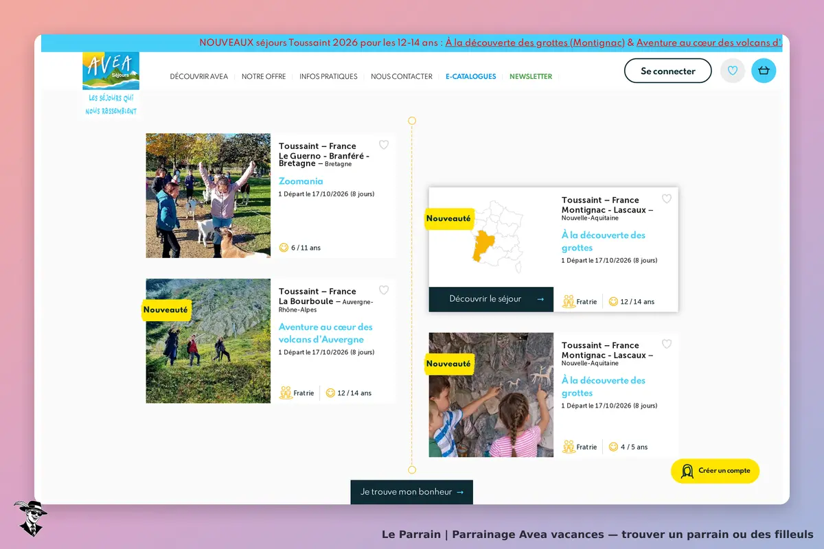 Avea vacances : avea : page d'accueil présentant des séjours pour jeunes avec photos et détails des