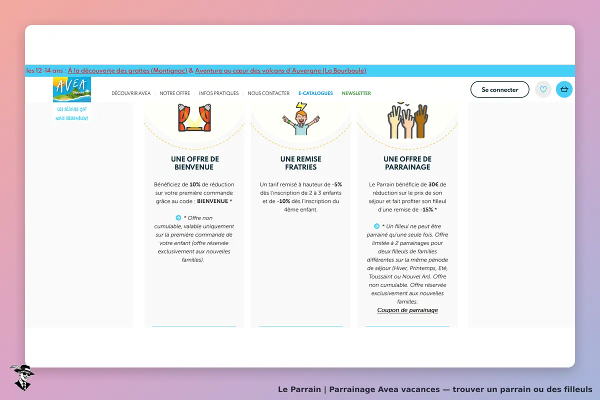 Avea vacances : avea : trois offres présentées sur la page d'accueil, avec des icônes et des