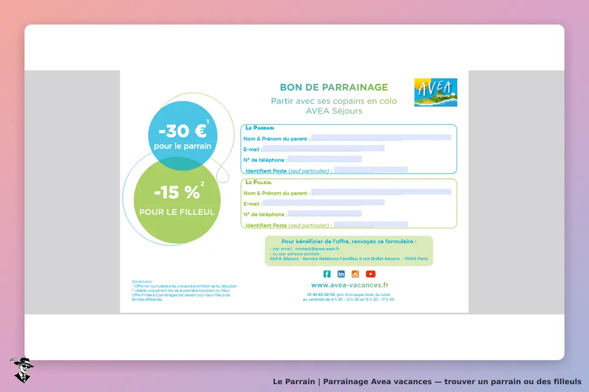 Avea vacances : avea : formulaire de parrainage avec informations pour le parrain et le filleul