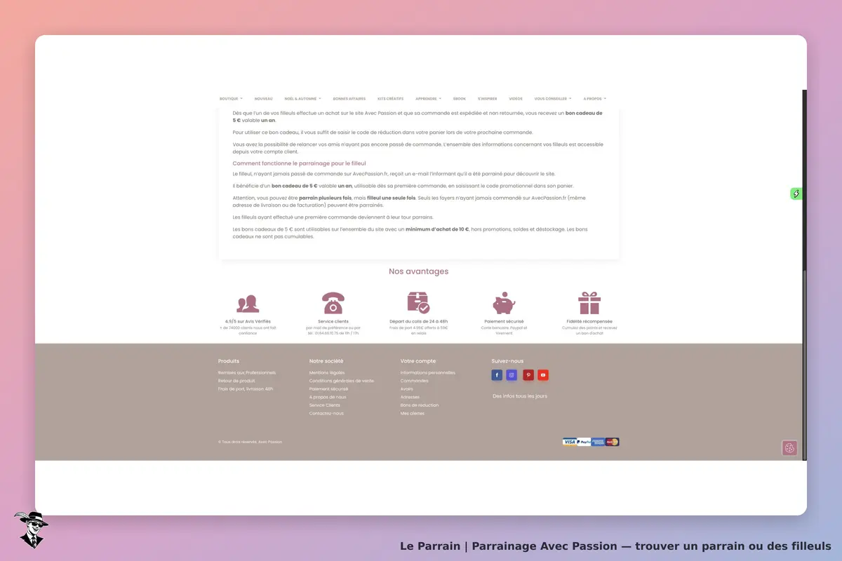 Avec Passion : section inférieure de la page d'accueil avec informations et services proposés