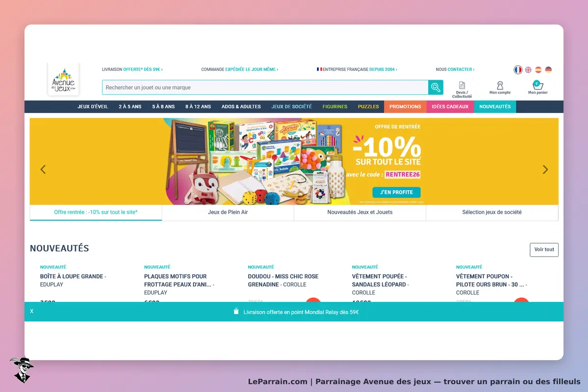 Avenue des jeux : page d'accueil avec divers jeux et jouets, promotions et nouveautés affichées