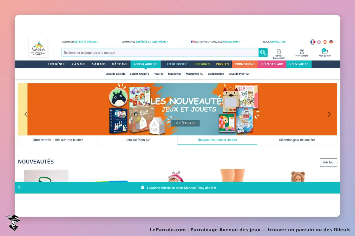 Avenue des jeux : page d'accueil avec des nouveautés en jeux et jouets, bandeau coloré