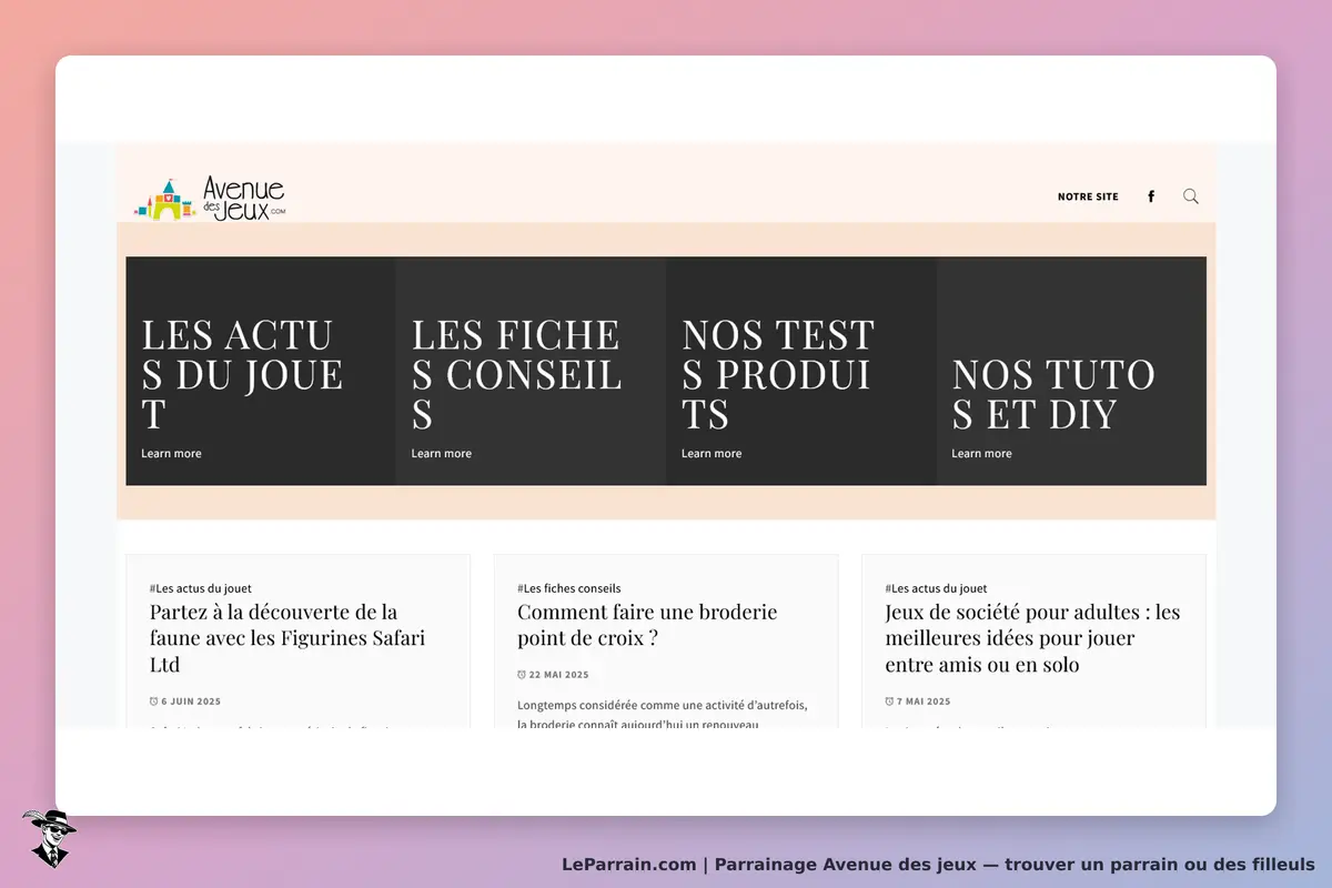 Avenue des jeux : page d'accueil avec sections sur actualités, conseils, tests et tutoriels