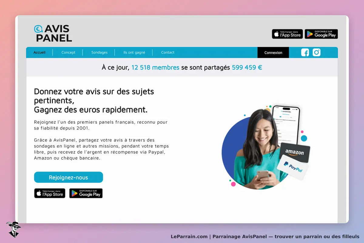 Page d'accueil AvisPanel : sondages rémunérés, gains rapides, inscription facile.