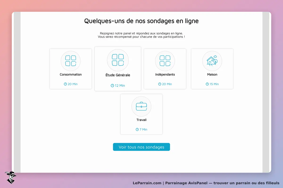 Sondages en ligne d'AvisPanel avec catégories et temps de participation affichés.