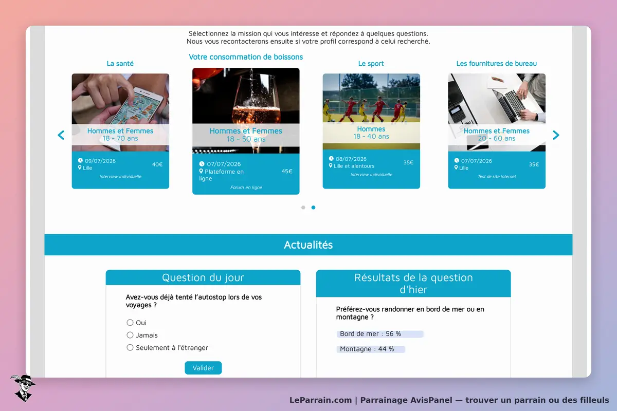 Interface AvisPanel avec missions, questions et résultats d'enquête.