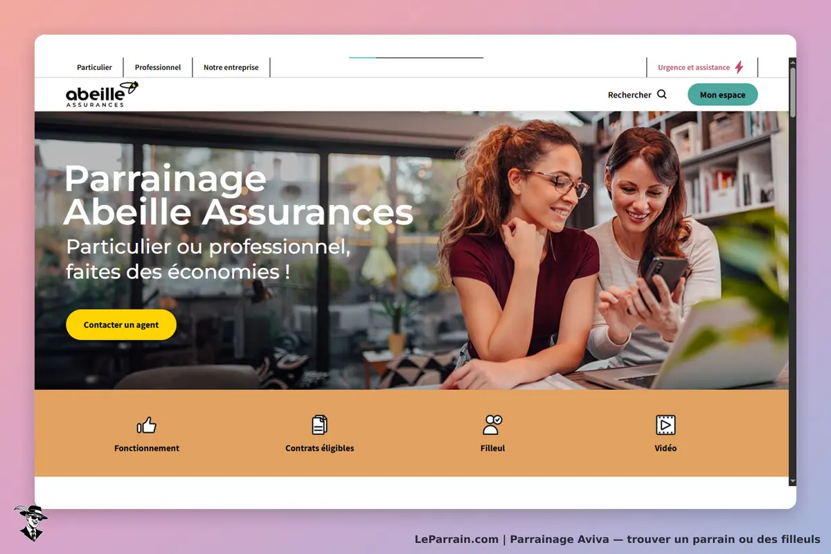Aviva : page d'accueil présentant le parrainage avec deux femmes utilisant un smartphone