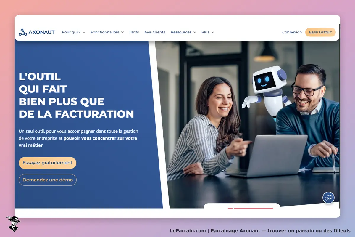 Axonaut : page d'accueil avec deux personnes souriantes et un robot devant un ordinateur portable