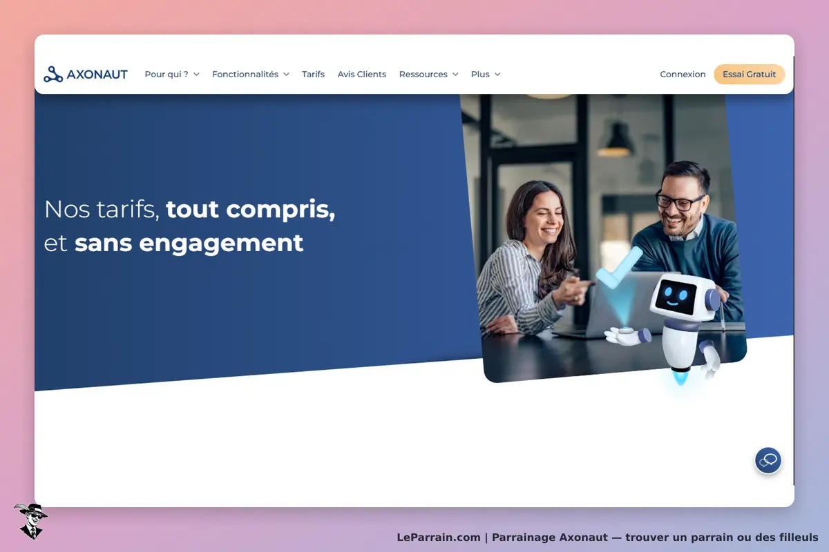 Axonaut : page d'accueil avec un texte sur les tarifs et une image de deux personnes souriantes