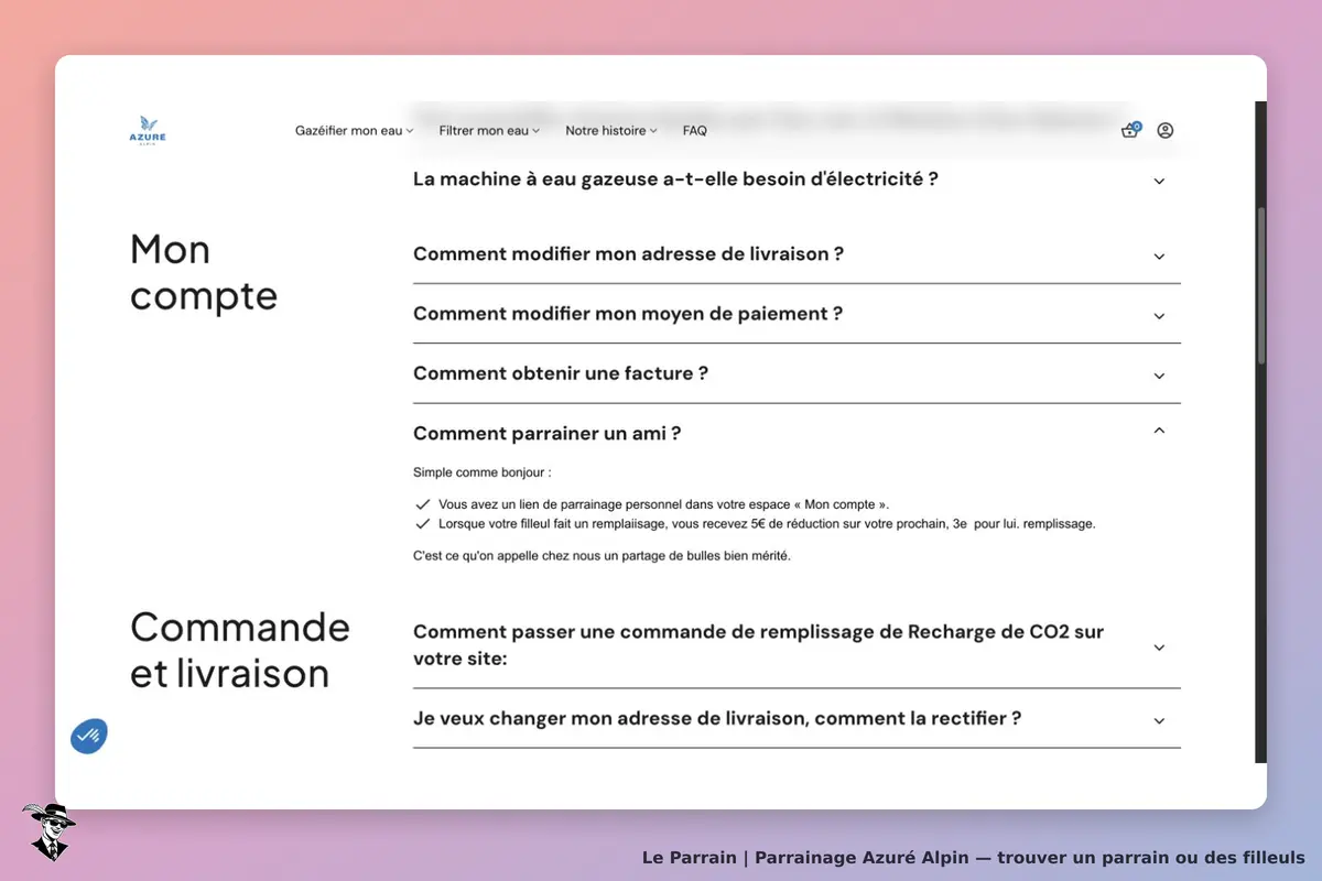 Azuré Alpin : FAQ officielle décrivant le lien personnel et les 5 € de réduction pour le parrain après le remplissage du filleul.