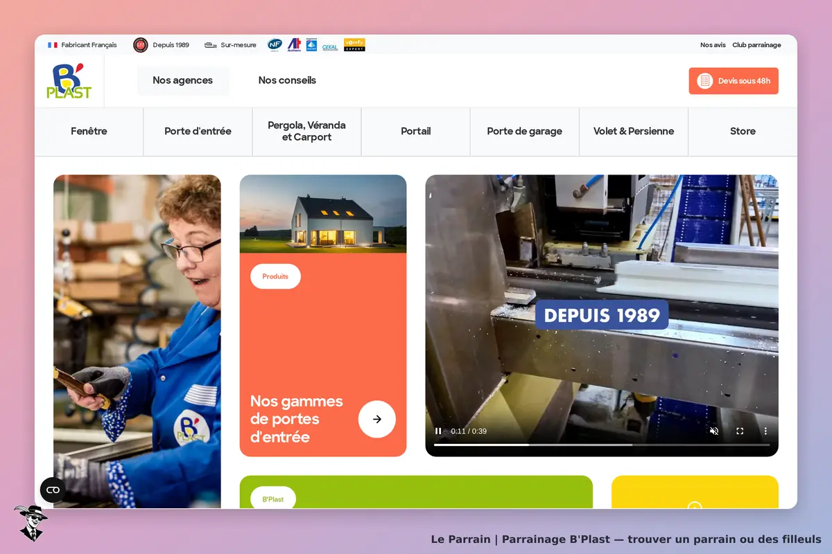 B'Plast : page d'accueil avec produits, vidéo et informations sur l'entreprise depuis 1989