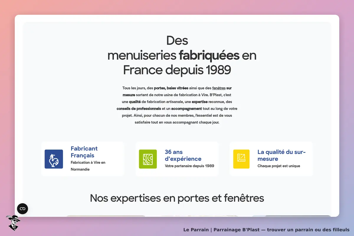 B'Plast : page d'accueil présentant des menuiseries fabriquées en France depuis 1989