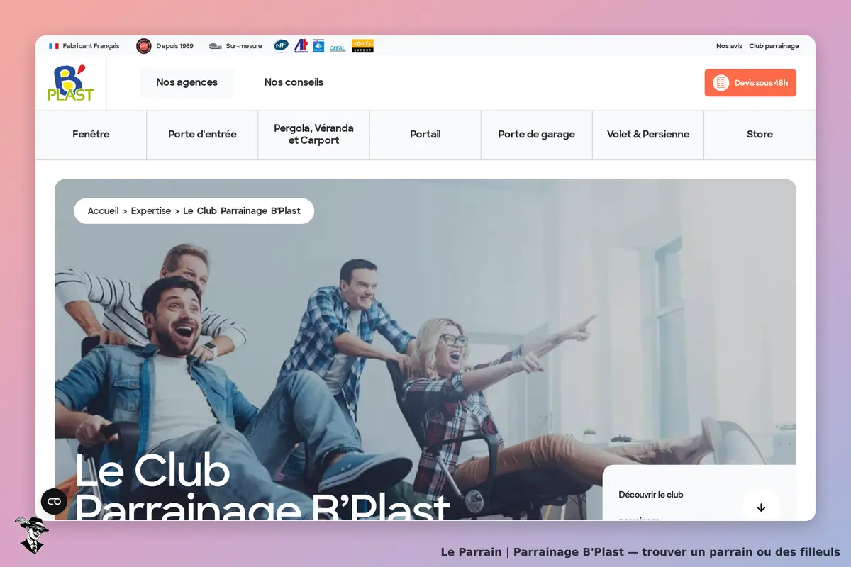 B'Plast : page d'accueil avec des personnes s'amusant ensemble, logo et navigation en haut