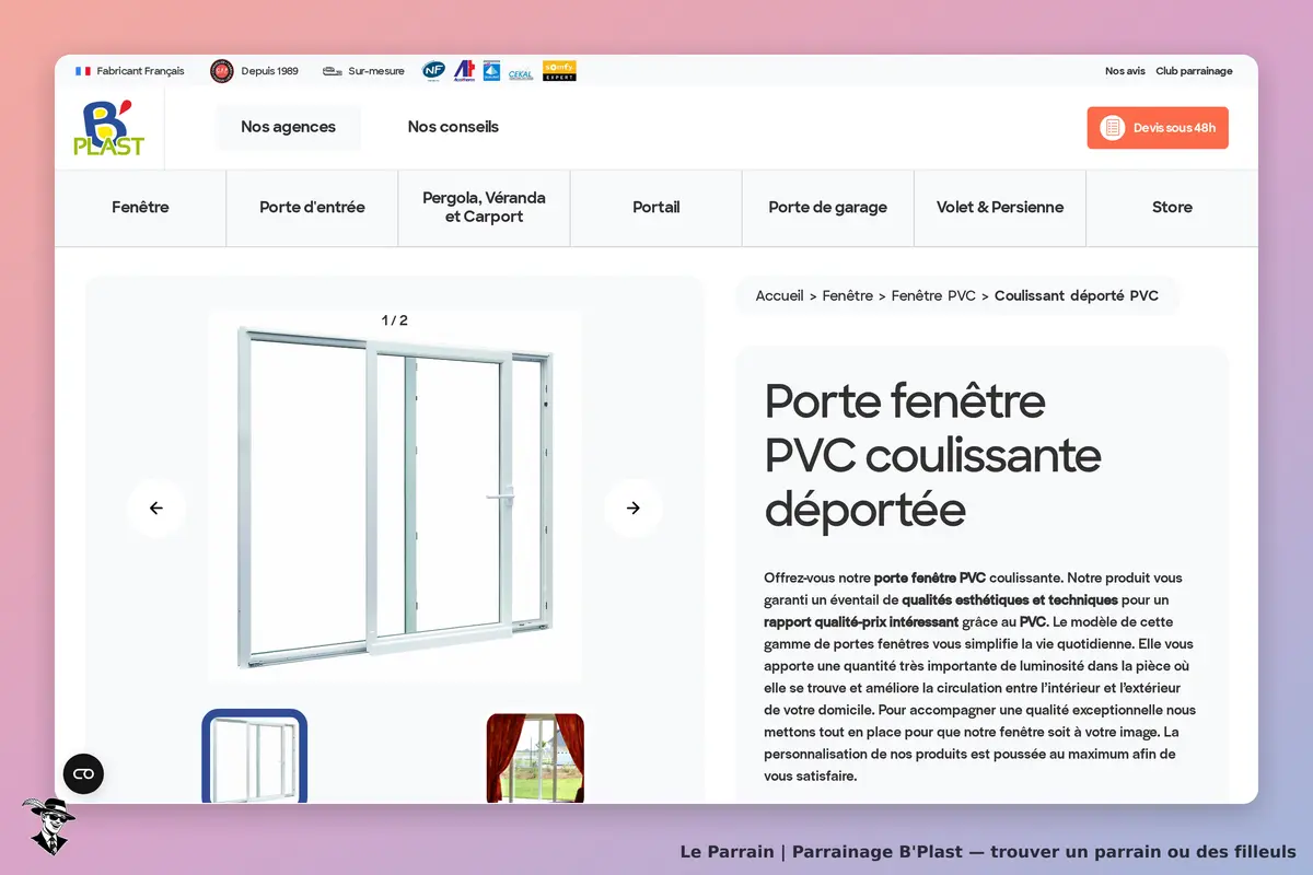 B'Plast : page produit présentant une porte fenêtre PVC coulissante avec images et description