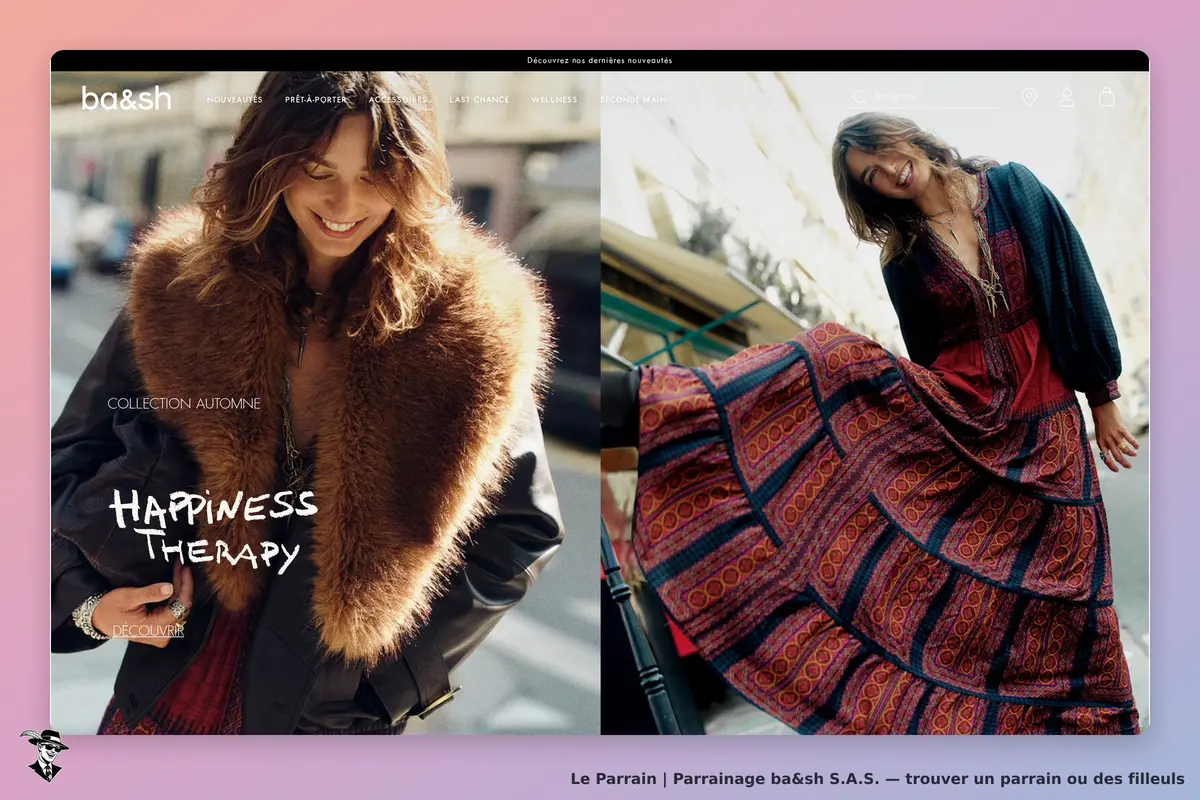 ba&sh S.A.S. : ba&sh : femme souriante portant un manteau avec col en fourrure et une robe colorée