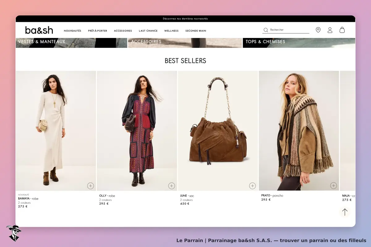 ba&sh S.A.S. : ba&sh : section "BEST SELLERS" avec vêtements et sacs présentés sur fond clair