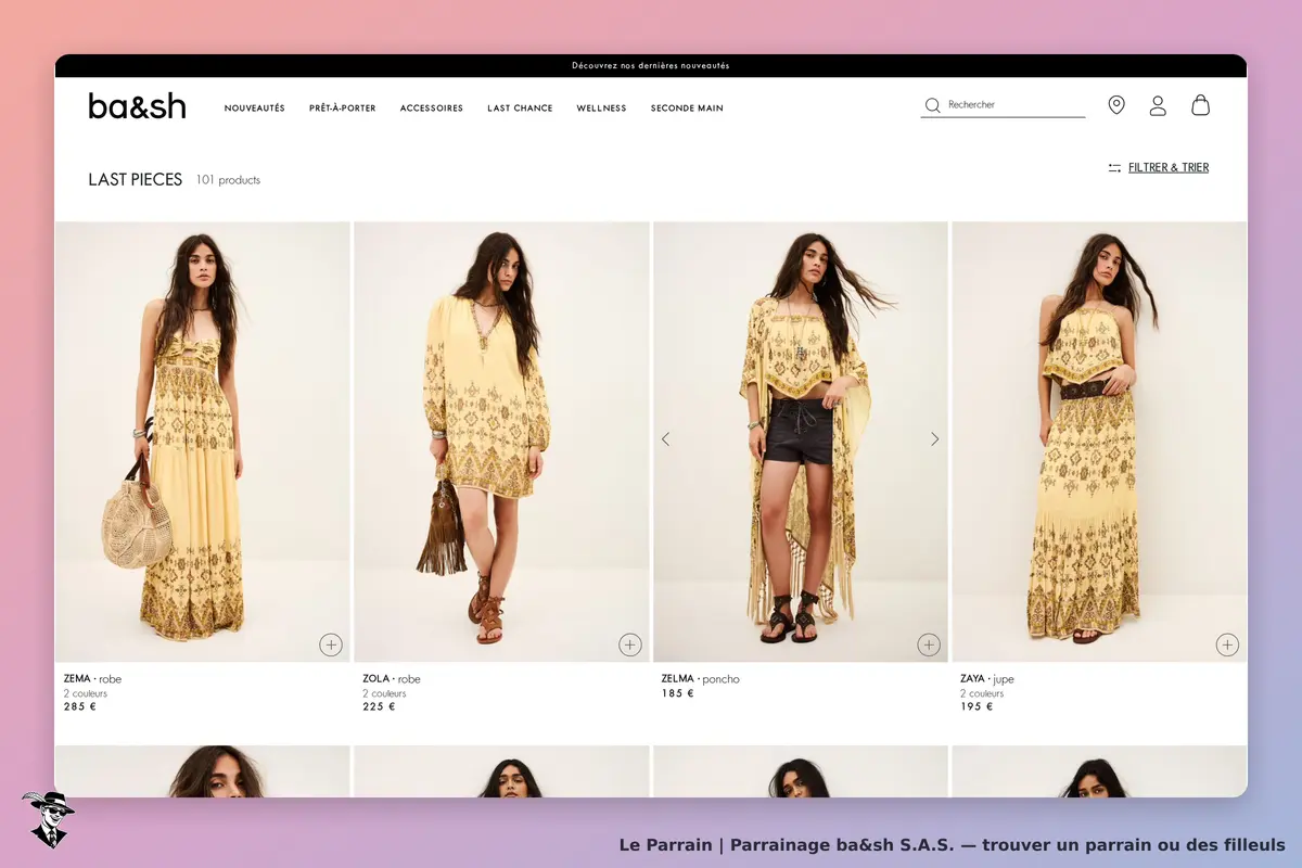 ba&sh S.A.S. : ba&sh : page catégorie affichant des vêtements aux motifs jaunes et bohèmes sur fond