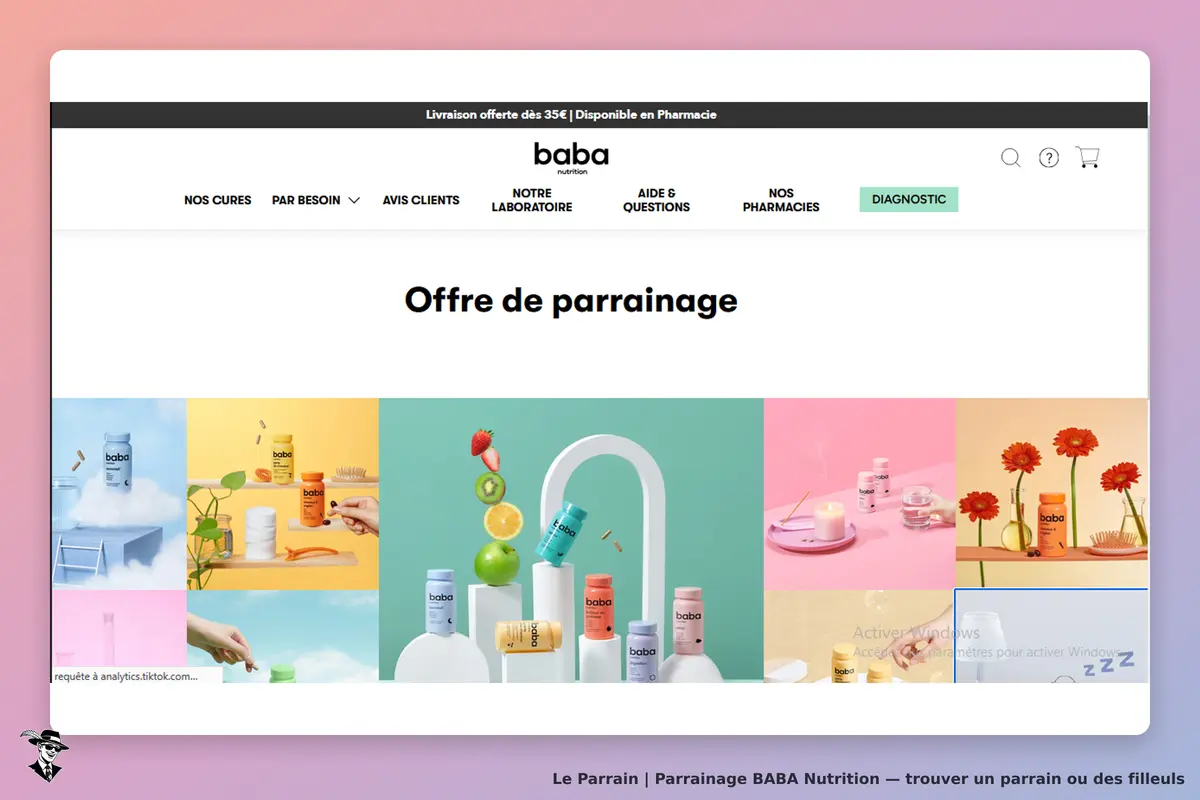 BABA Nutrition : page d'accueil avec des produits sur un fond coloré et le titre "Offre de