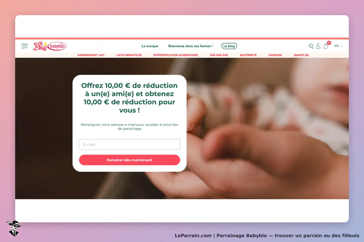 Babybio : formulaire de parrainage avec texte et mains de bébé en arrière-plan flou
