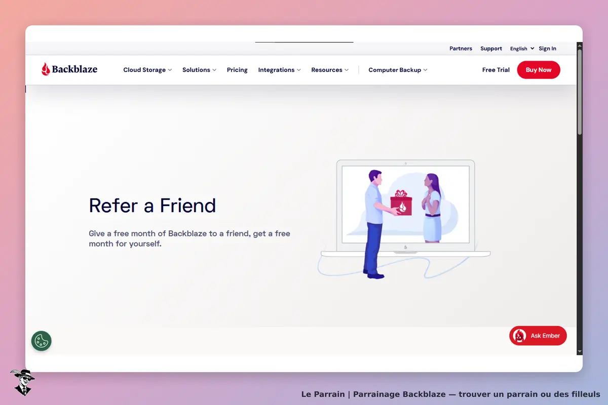 Backblaze : page d'accueil avec une illustration de parrainage entre deux personnes