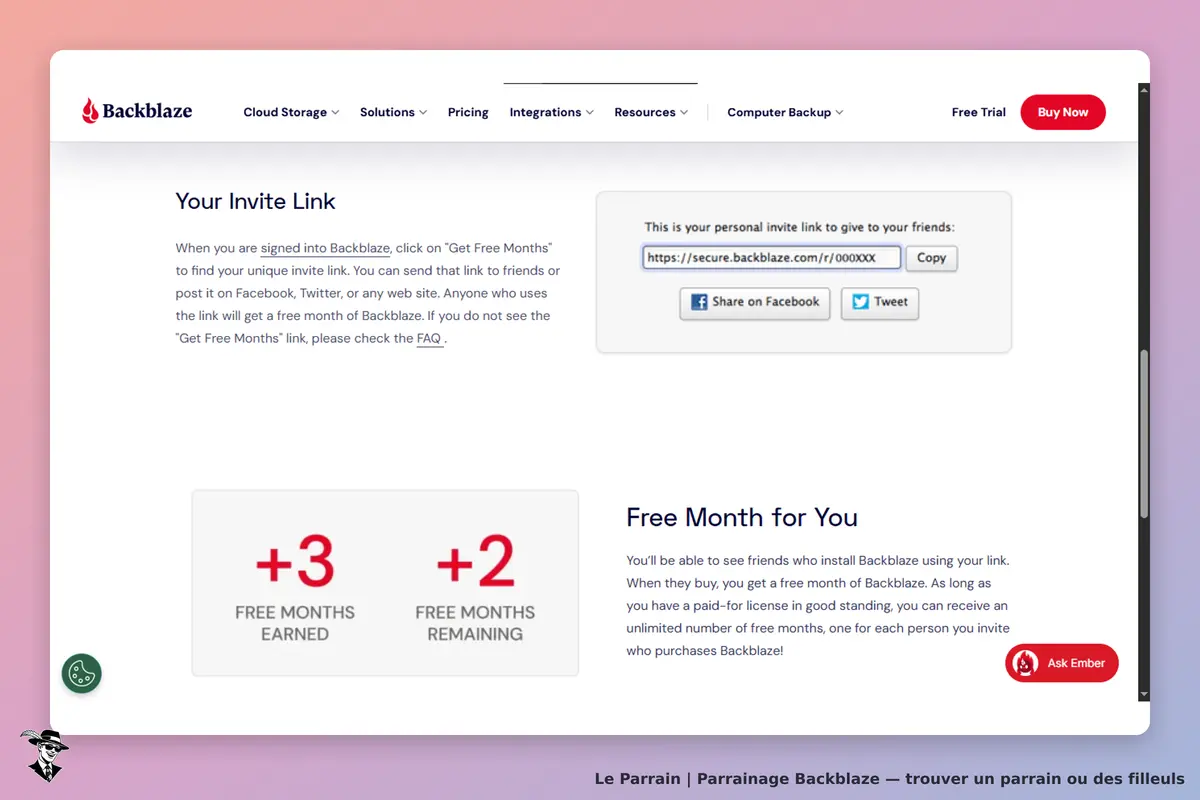 Backblaze : page d'invitation avec lien personnel et informations sur les mois gratuits