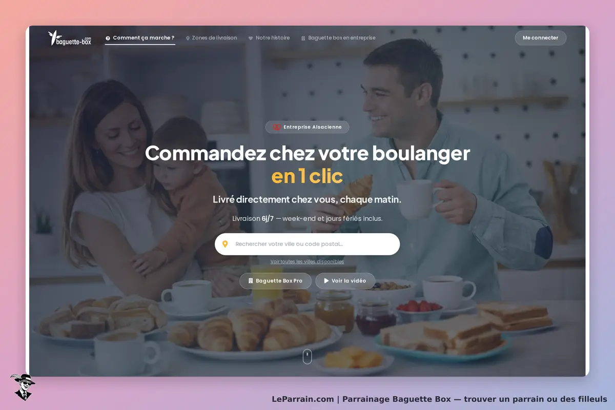 Baguette Box : page d'accueil avec une famille autour d'une table et des produits de boulangerie